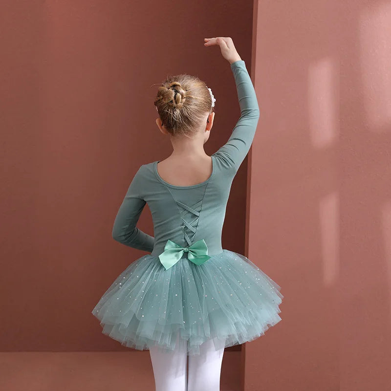 Girls Ballet Tutu Dress — Kids Short & Long Sleeve Tulle Leotard with Bowknot for Dance, Gymnastics & Party
