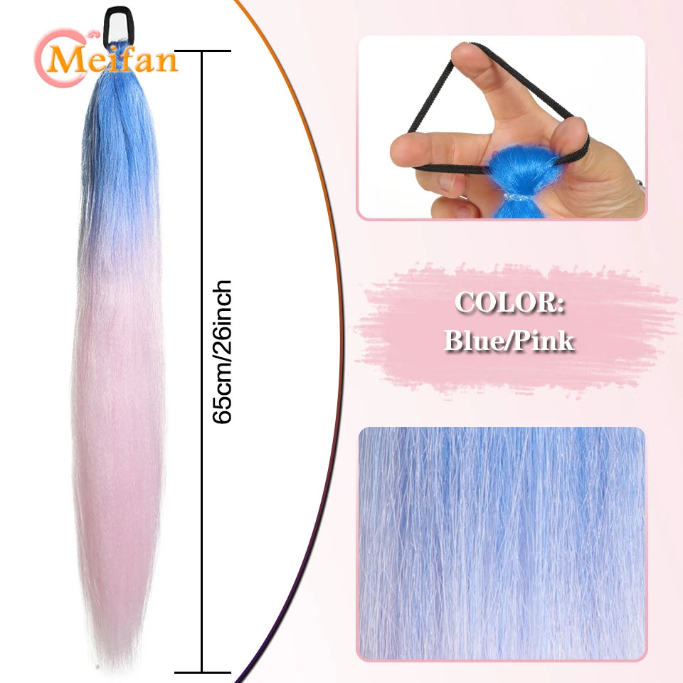 MEIFAN Synthetic Color Braid Ponytail Extension – Red, Green, Blue, Pink, Straight Hair Wrap Around with Elastic Tie