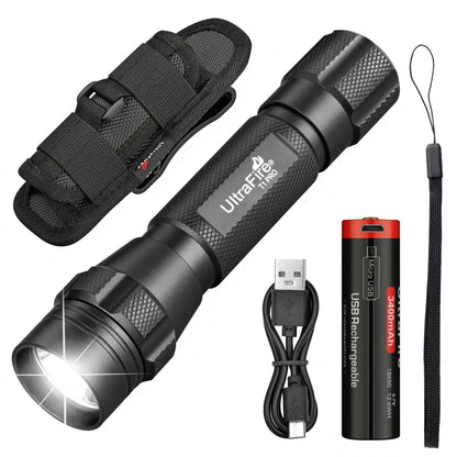 UltraFire T1 Pro Tactical Flashlight – 1200LM Powerful Rechargeable Police Flashlight with Holster for Outdoor Use