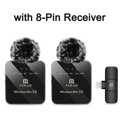 PULUZ Wireless Lavalier Microphone – Dual Mics with 8-Pin & Type-C Receiver for iPhone, iPad, & Android