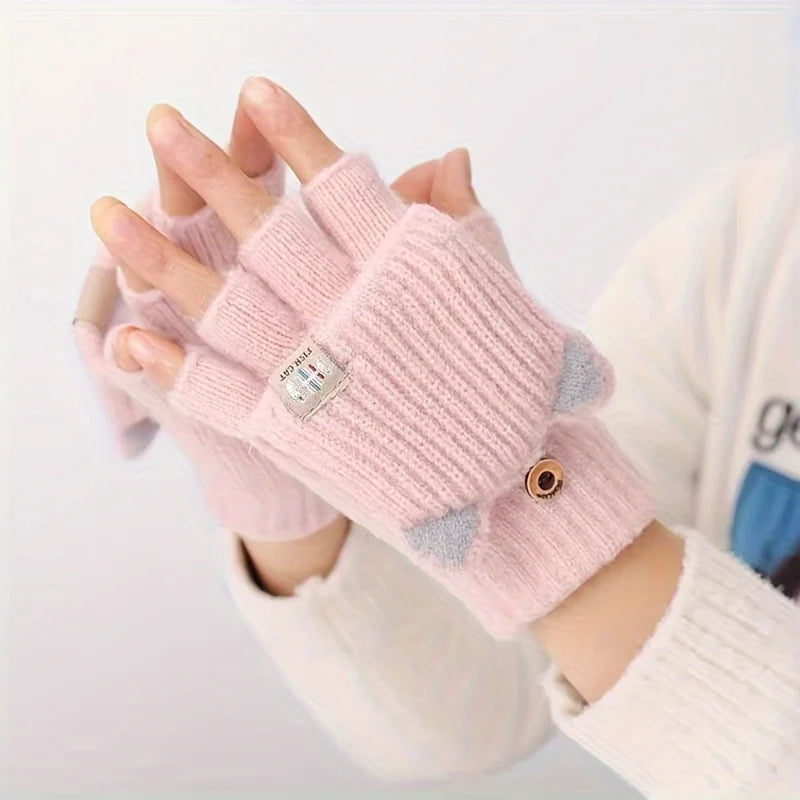 Women’s Cat Ear Fingerless Gloves - Warm Convertible Winter Gloves with Elastic Fit