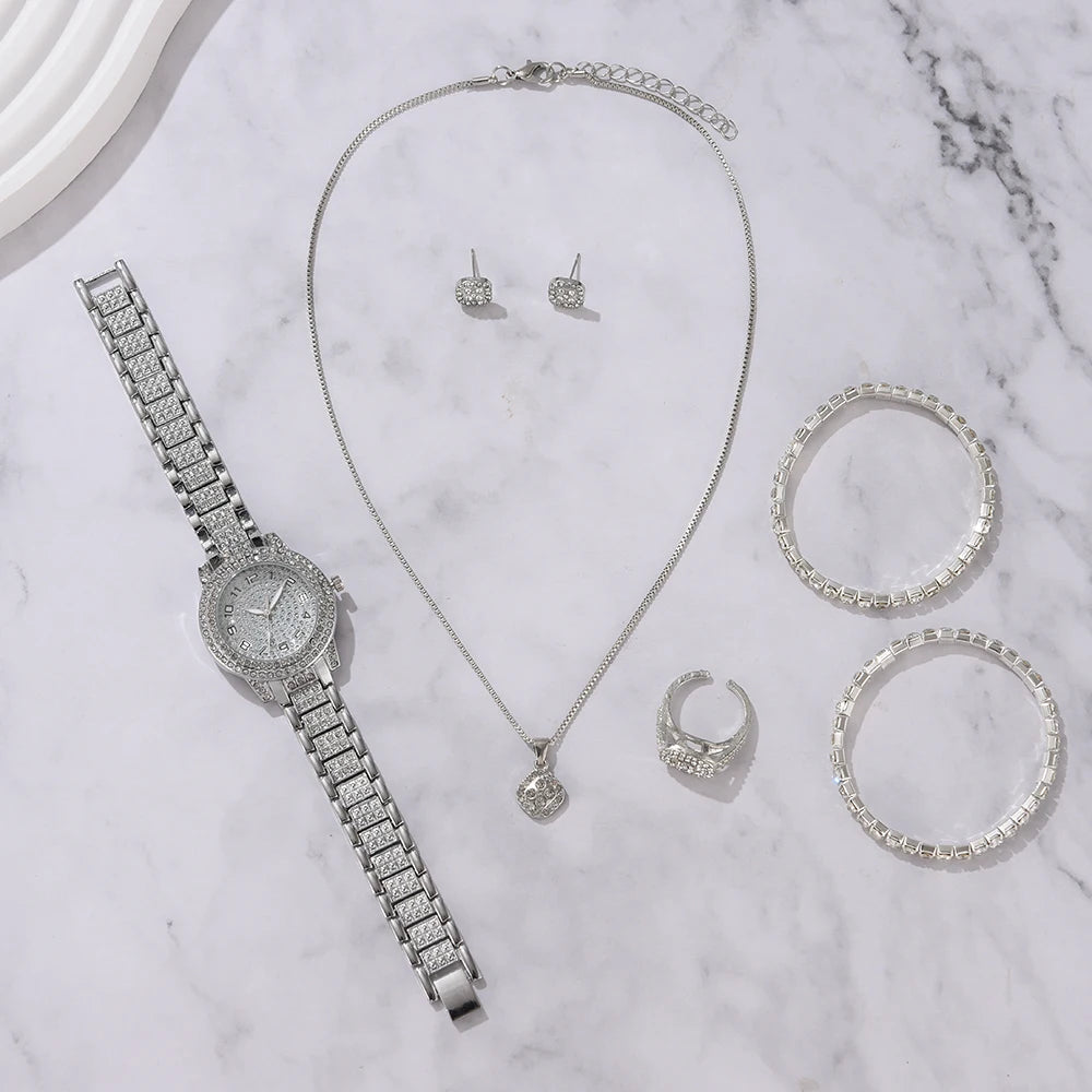 6PCS Women's Elegant Crystal Watch Set – Luxury Alloy Quartz Wristwatches with Rhinestone Bracelet, Perfect Gift for Ladies