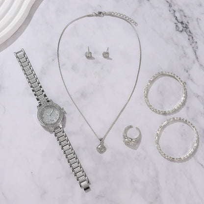 6PCS Women's Elegant Crystal Watch Set – Luxury Alloy Quartz Wristwatches with Rhinestone Bracelet, Perfect Gift for Ladies