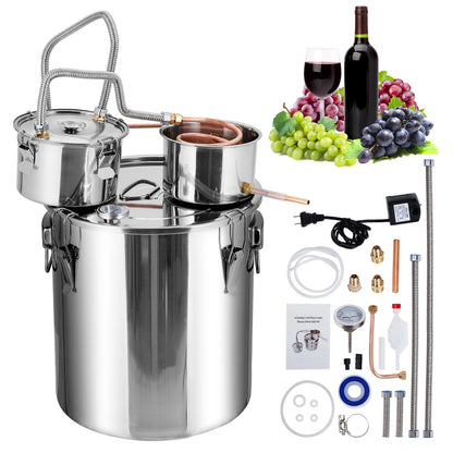 5Gal/19L Stainless Steel Water & Alcohol Distiller – Home Brewing Kit with Built-in Thermometer, Copper Tube, and Water Pump