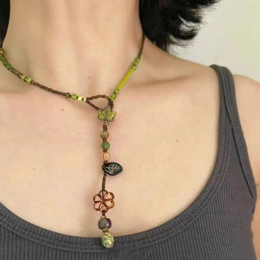 Ethnic Stone Beaded Flower Necklace - Hollow Pendant Adjustable Rope Chain Boho Beach Jewelry Gift for Women