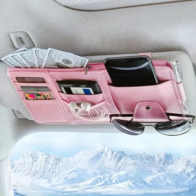 Car Sun Visor Organizer – Sunglass & Mobile Holder, Multi-Pocket Card Storage Pouch for Auto Interior