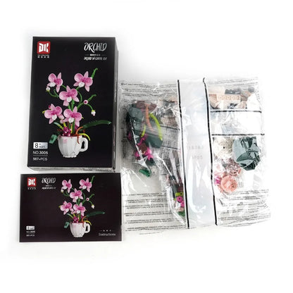 MOC Pink Orchid Flower Bouquet Building Block Kit – DIY Bonsai Plant Model for Romantic Home Decor, Creative Gift for Teens & Adults