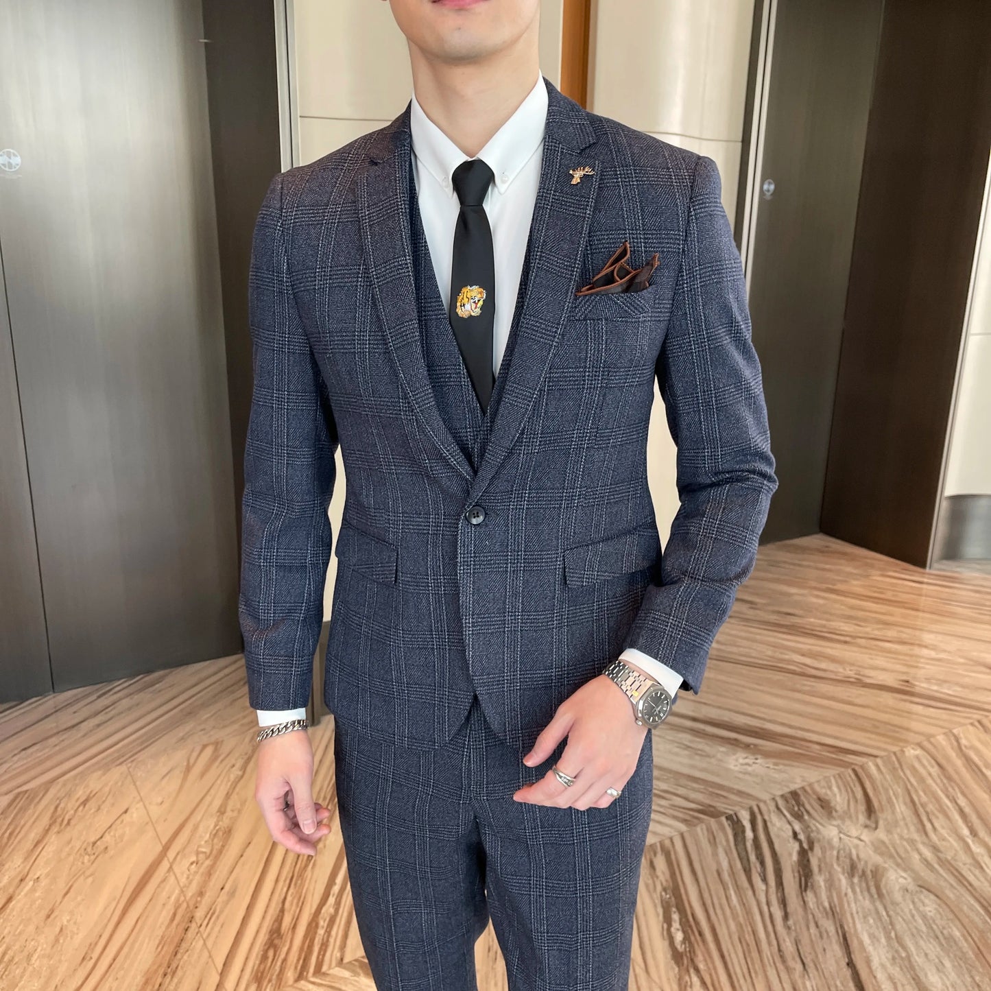 Men’s British Korean Plaid Three-Piece Suit – Stylish Business Casual Set with Blazer, Vest & Trousers