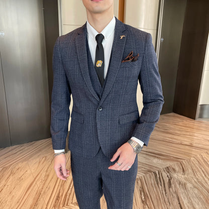 Men’s British Korean Plaid Three-Piece Suit – Stylish Business Casual Set with Blazer, Vest & Trousers