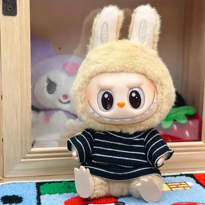 Doll Clothes Outfit for 15-17cm Labubu & 10cm Cotton Dolls – Striped T-Shirt & Shorts Set
