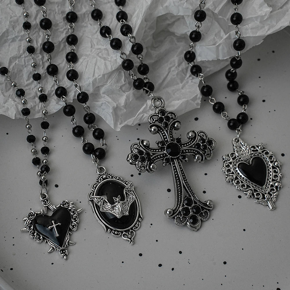 Gothic Bat Cross Necklace Set - Y2K Thorn Love Black Beaded Layered Jewelry for Halloween Parties