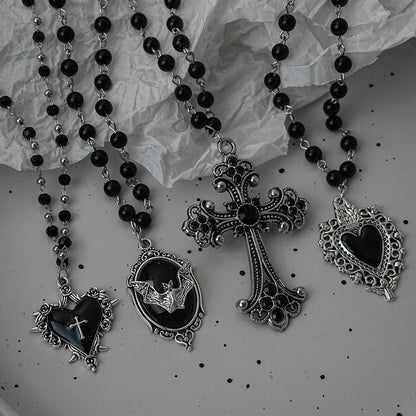 Gothic Bat Cross Necklace Set - Y2K Thorn Love Black Beaded Layered Jewelry for Halloween Parties