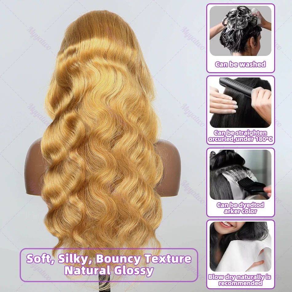 Brazilian #27 Honey Blonde Body Wave Wig – 30-34 Inch, 13x4 Lace Front, HD Transparent Lace Frontal, 200% Density for Women
