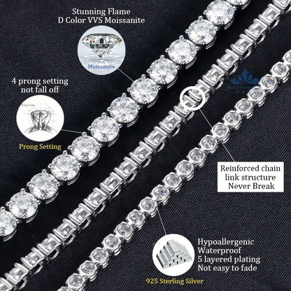3–6.5MM D Color Moissanite Tennis Bracelet & Necklace Set – Hip Hop S925 Sterling Silver White Gold Plated Jewelry for Men & Women