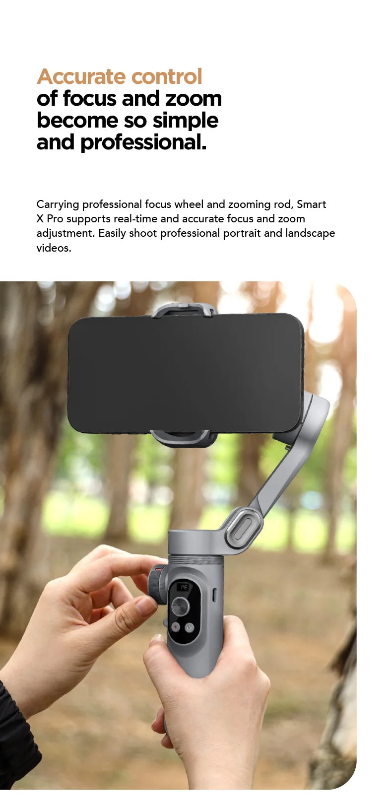 Handheld 3-Axis Gimbal Stabilizer – Smart X Pro for Smartphones, Wireless Charging, OLED Display, LED Light & Focus Wheel