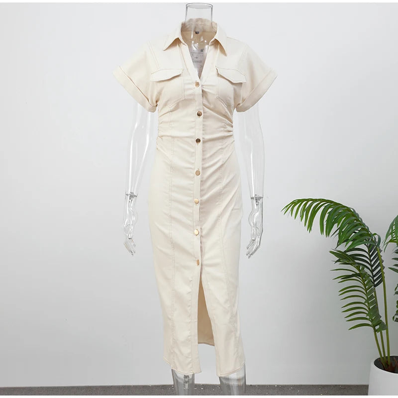 Women’s Chic White Denim Dress – Casual Lapel Long Slim Maxi, Single-Breasted Short Sleeve Summer Dress