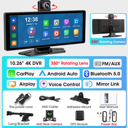 7"/10.26" 4K Dash Cam — Car DVR with Wireless CarPlay, Android Auto, 350° Rotating Lens, GPS & Bluetooth