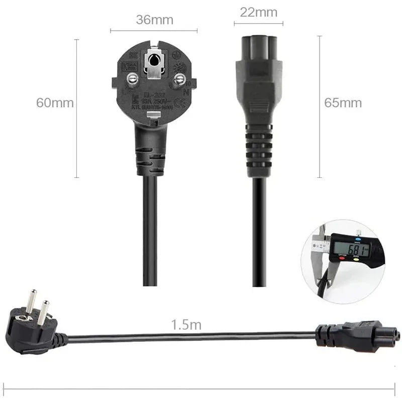 1.5M EU 3-Pin Laptop Power Cord - Universal AC Charger Cable for HP, Dell, Toshiba, Sony, ASUS, Lenovo & Samsung Notebooks