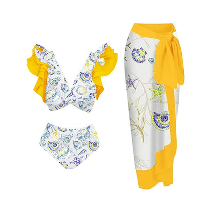 Blue One-Shoulder Ruffle Floral Monokini Swimsuit with Cover Up Sexy One Piece Beach Swimwear for Women Summer