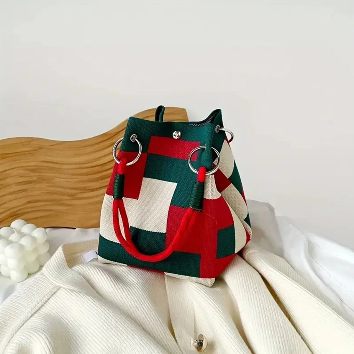 Multicolor Knitted Retro Bucket Handbag – Color-Block Casual Tote Bag, Lightweight & Versatile Everyday Carry Purse