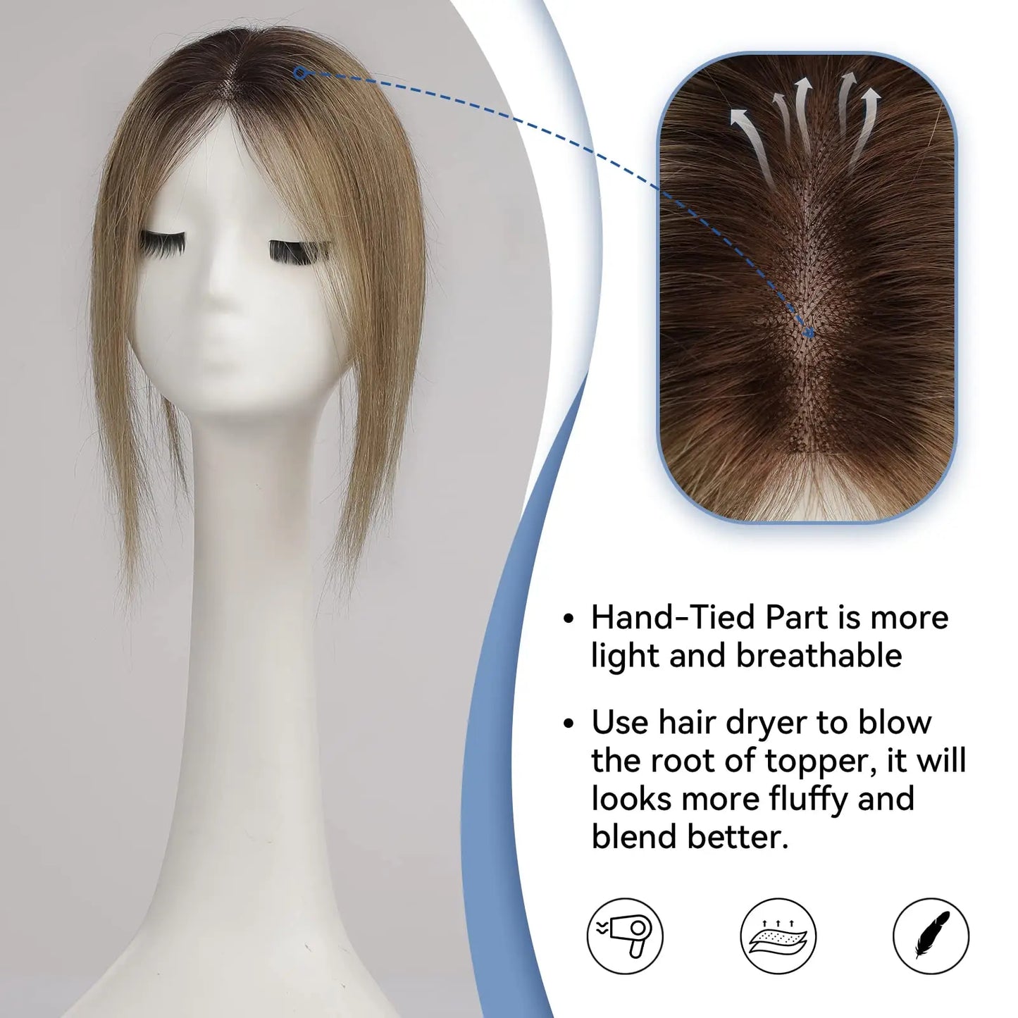 Ombre Blonde Brown 100% Remy Human Hair Topper – Silk Base Clip-In Extension for Women with Hair Loss, 12 Inch