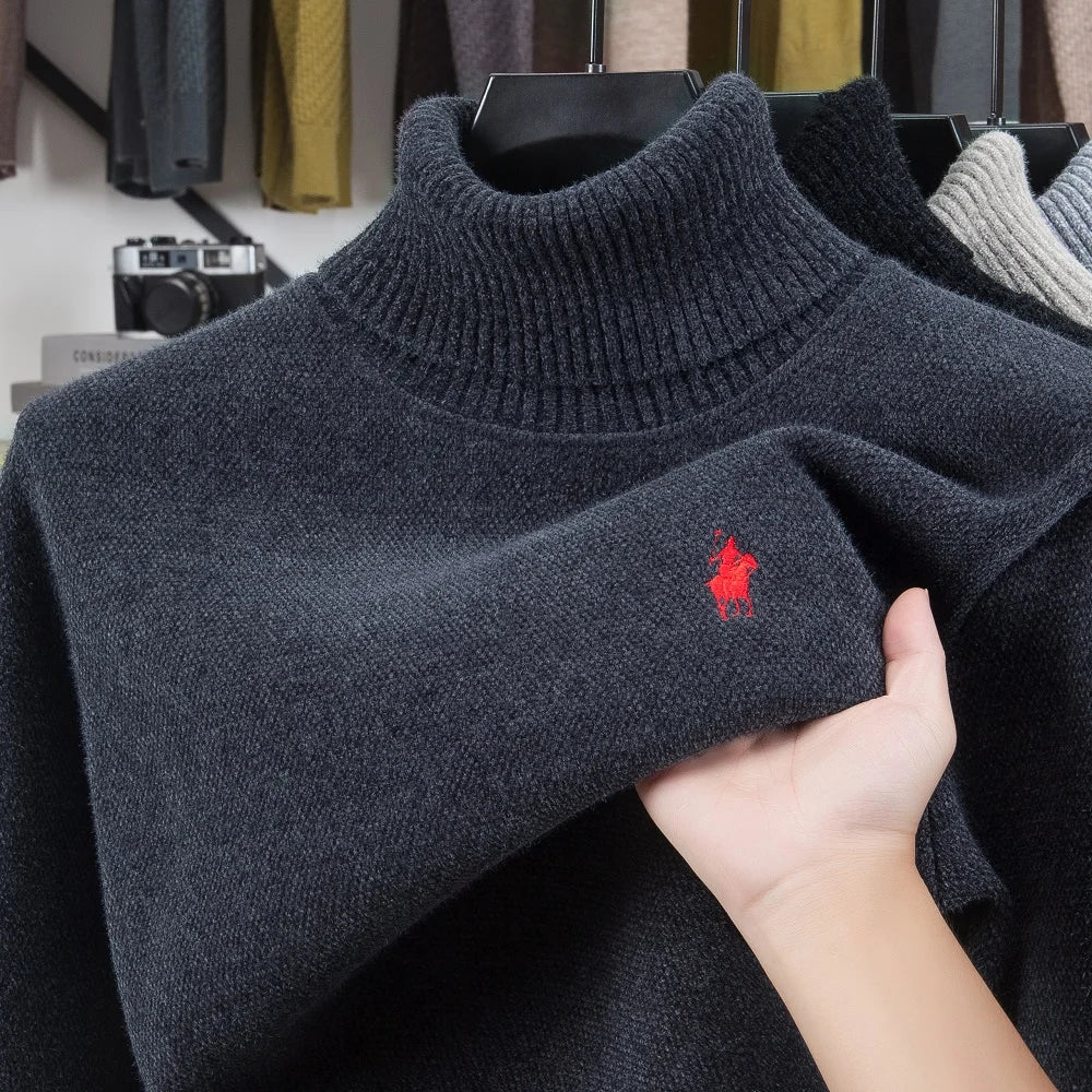 Men's Velvet High Neck Sweater - Luxury Pony Embroidery Thick Warm Winter Knitted Pullover