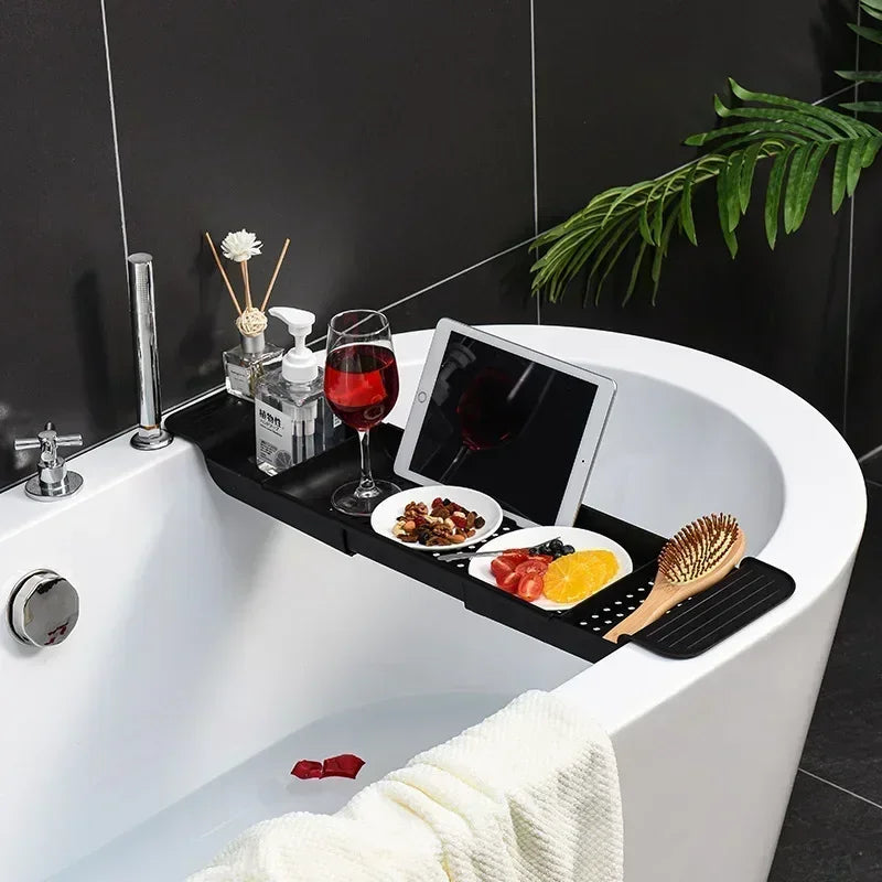 Extendable Bamboo Bathtub Shelf – Bathroom Tray & Shower Caddy for Towel, Book & Storage Organizer