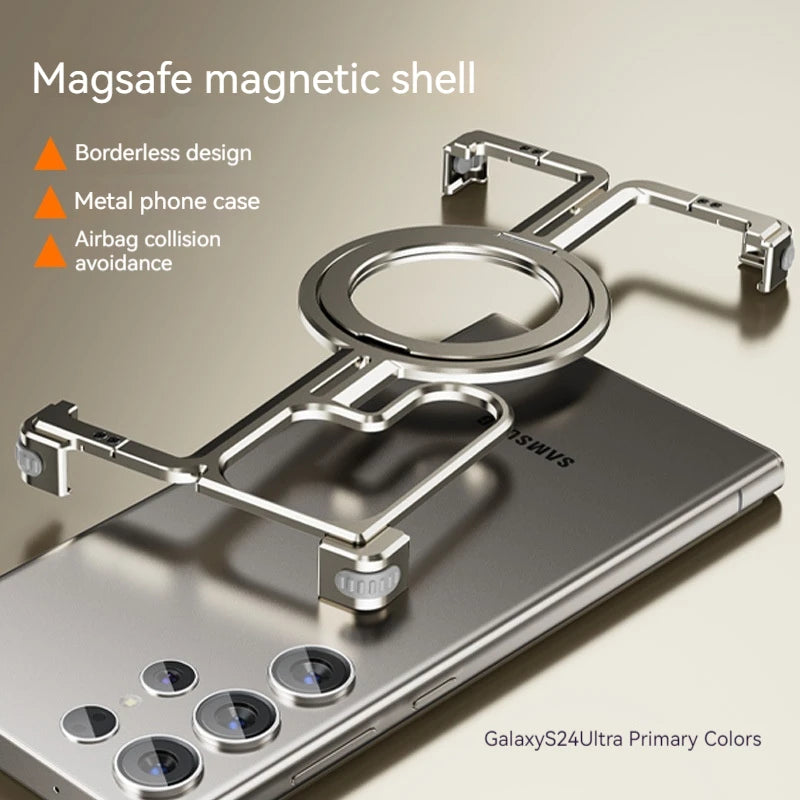 Magnetic Metal Phone Case for Samsung Galaxy S24/S23 Ultra – Aluminum Alloy Frameless Bumper with Finger Ring