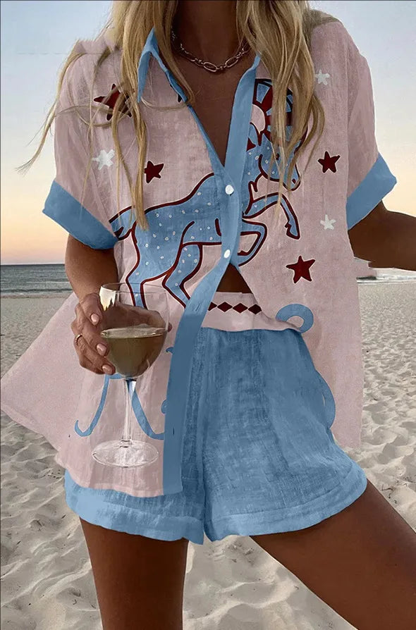 Women’s Summer 2-Piece Set – Lapel Short-Sleeve Shirt & Shorts, Elegant Loose Printed Outfit