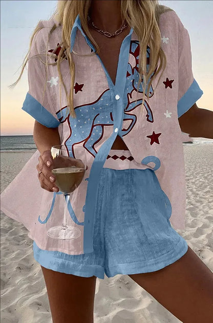 Women’s Summer 2-Piece Set – Lapel Short-Sleeve Shirt & Shorts, Elegant Loose Printed Outfit