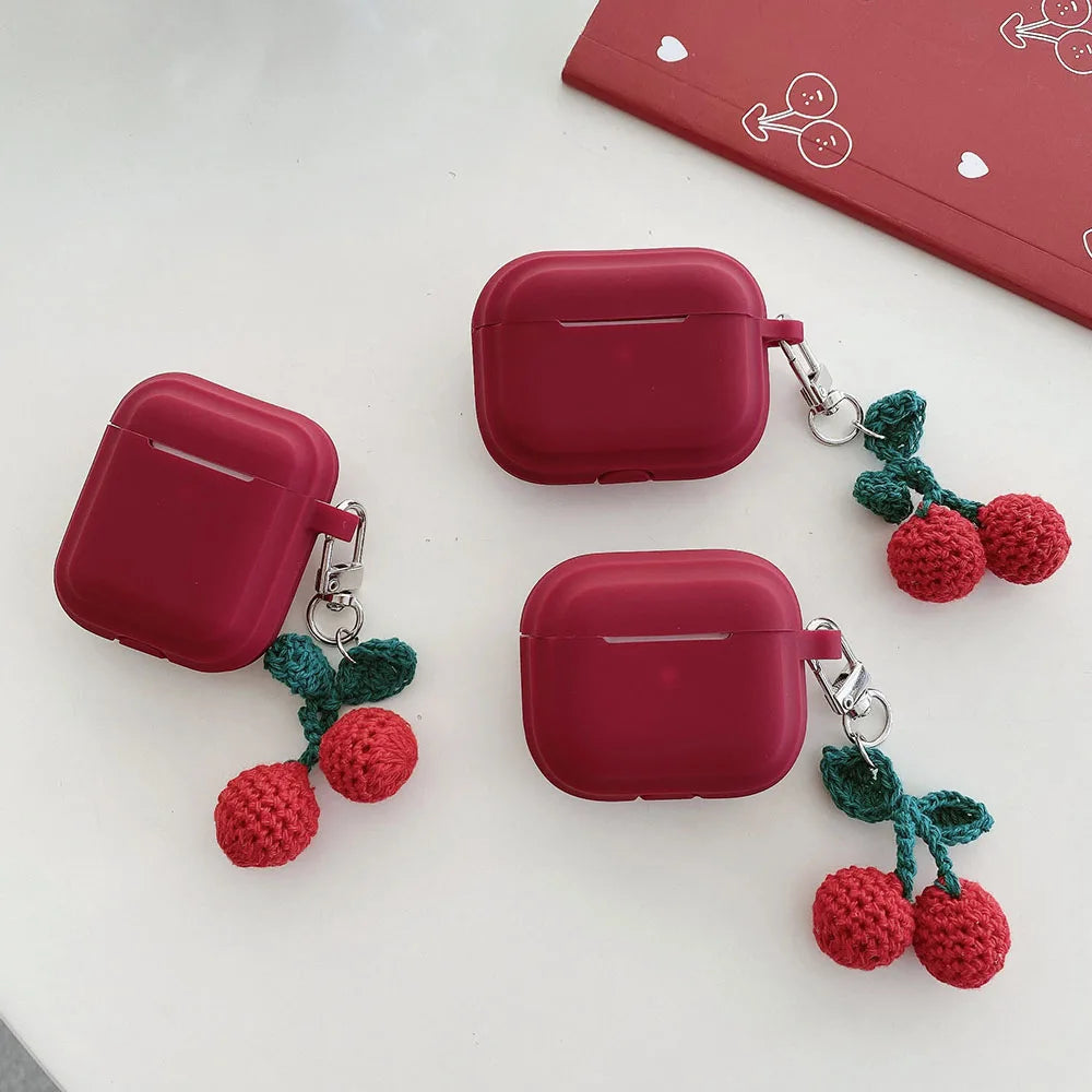 Knitted Red Cherry Pendant Soft Silicone Earphone Case for AirPods Pro 2 & AirPods 1/2/3/4 — Protective Cover with Keychain