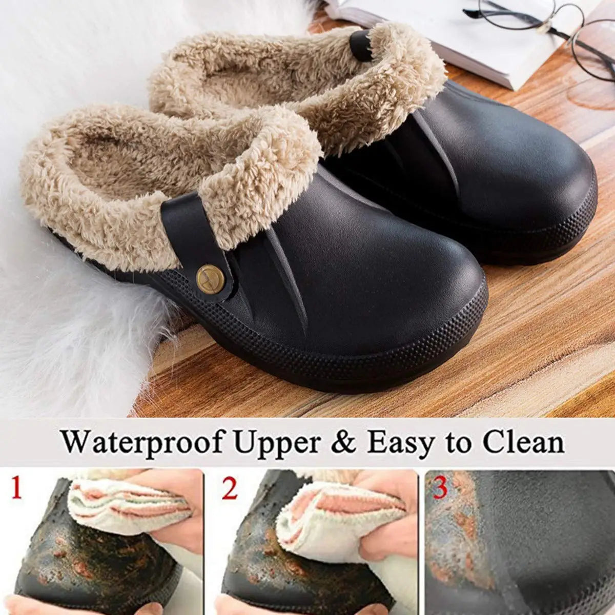 Kidmi Fur Clogs for Women and Men - Fashion Fuzzy Garden Shoes, Outdoor Waterproof House Shoes, Winter Antiskid Work Footwear