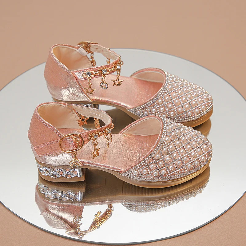 Girls’ Glitter High Heel Dress Shoes – Rhinestone Pendant Princess Shoes for Wedding & Party