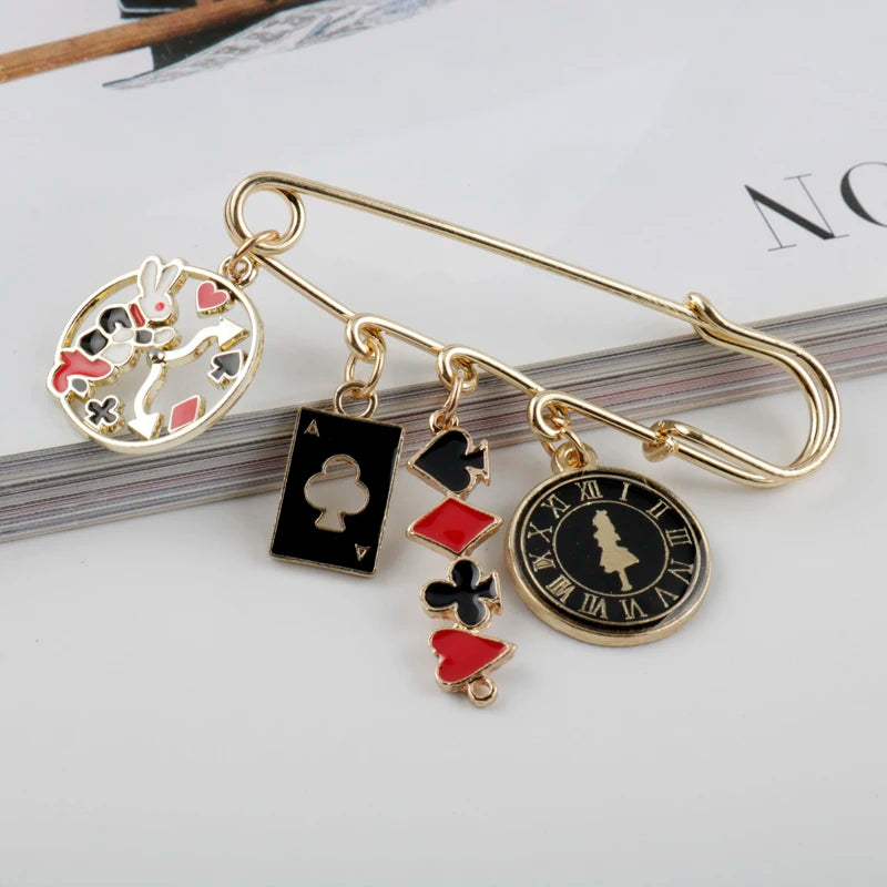 Alice in Wonderland Brooch - Cute Enamel Rabbit, Clock and Poker Shape Pins for Bags, Hats and Clothing