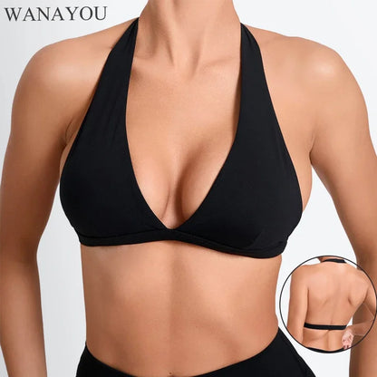 WANAYOU Women’s Deep V Yoga Bra — Halter Sports Crop Top | Padded Open-Back Gym & Fitness Workout Top