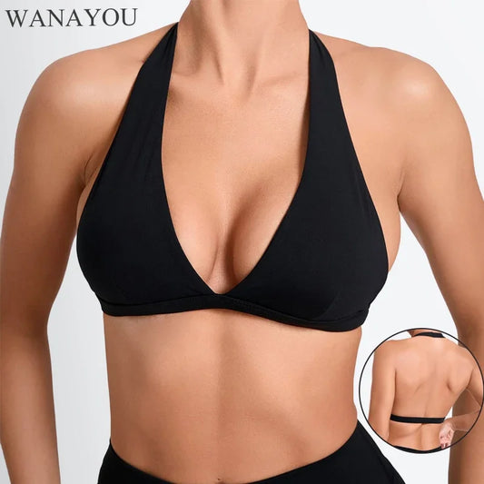 WANAYOU Women’s Deep V Yoga Bra — Halter Sports Crop Top | Padded Open-Back Gym & Fitness Workout Top