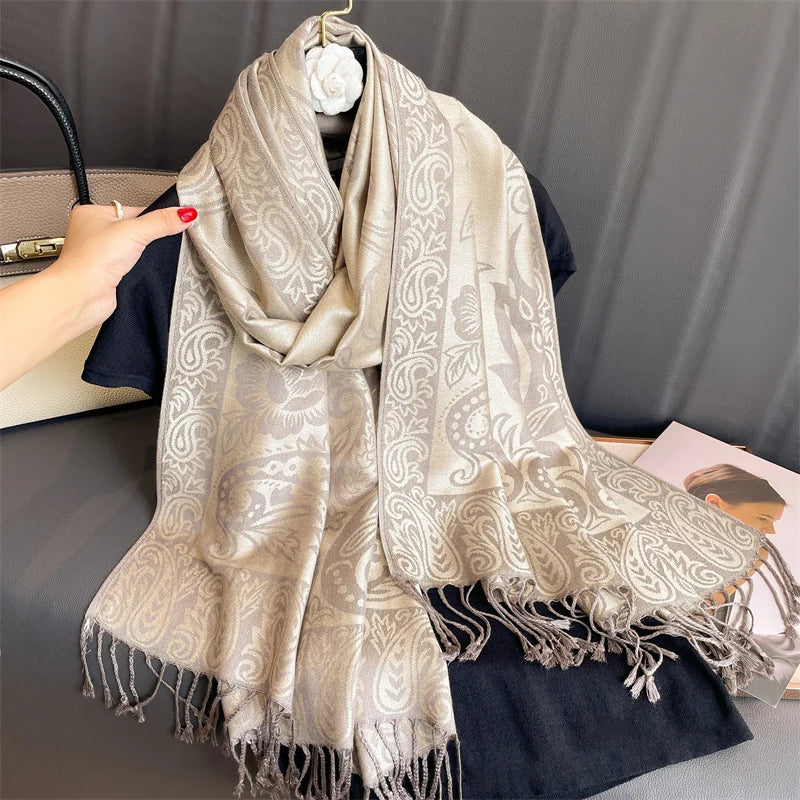 Luxury Autumn Cashmere Pashmina Shawl – Warm Winter Scarves for Women, Printed Cotton Foulard Stole Scarf 2023