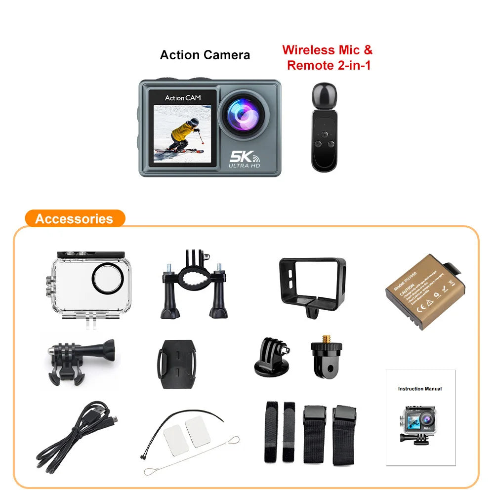 5K Action Camera – 4K 60FPS Dual IPS Touchscreen, WiFi, 170° Wide-Angle, 30M Waterproof, 5X Zoom, Anti-Shake, Remote Control