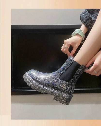 Women’s Shiny Color Fashion Rain Boots – Four-Season Waterproof Mid-Tube Ankle Outdoor Shoes