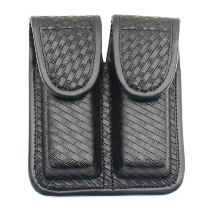 Tactical Black Basketweave Double Magazine Pouch - Leather Handgun Mag Holder with Snap Closure