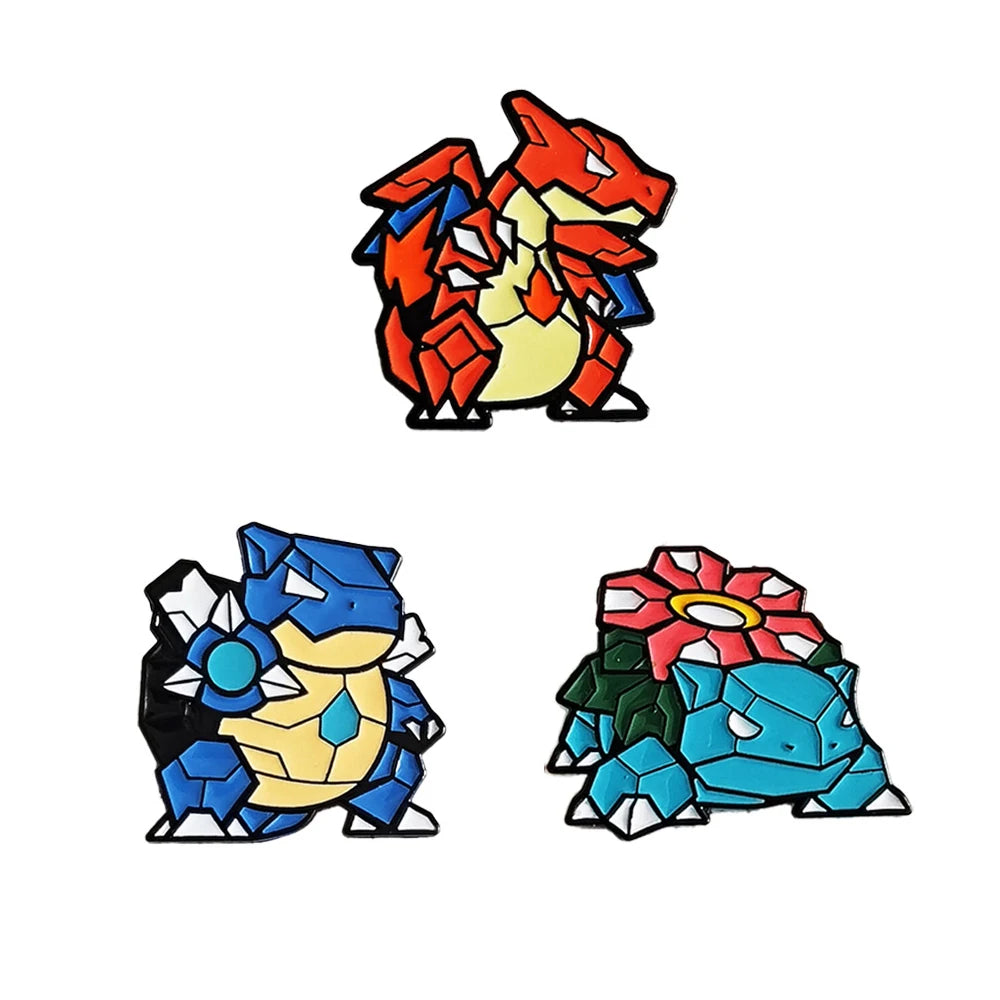 3-Piece Anime Monster Enamel Pin Set - Charizard, Blastoise, and Venusaur Brooch Badges for Backpacks, Lapels, Friends, and Collectors