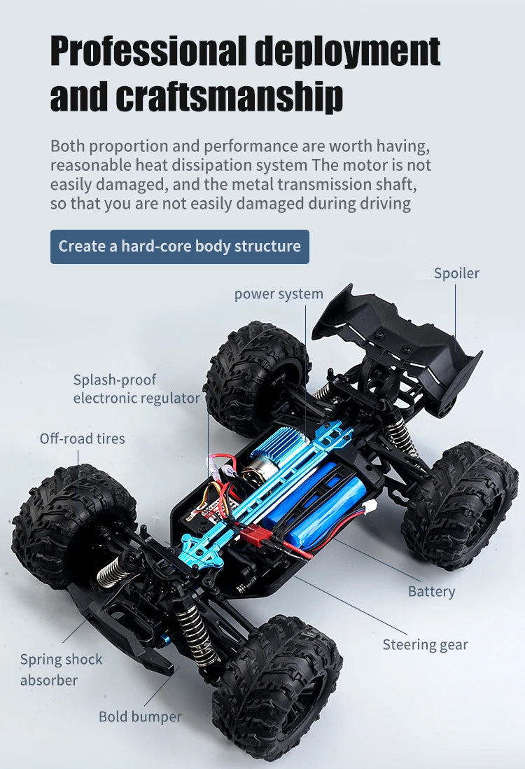 RC Off-Road 4x4 Brushless Car – 70KM/H High-Speed 1/16 4WD Monster Truck with LED Lights for Kids