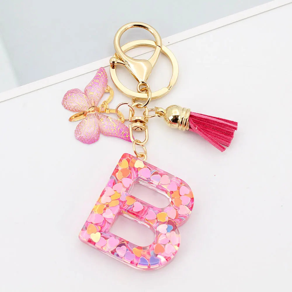 A-Z Letter Acrylic Keychain - Pink Butterfly Tassel Bag Charm & Key Ring