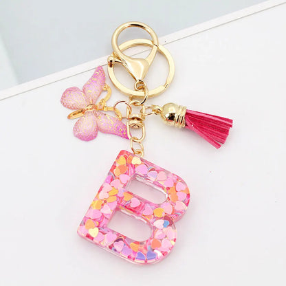 A-Z Letter Acrylic Keychain - Pink Butterfly Tassel Bag Charm & Key Ring