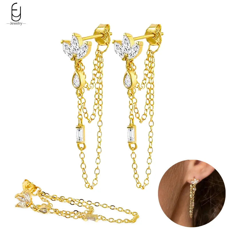 925 Sterling Silver Gold Tassel Earrings - Vintage Crystal Long Chain Hoop Jewelry for Women