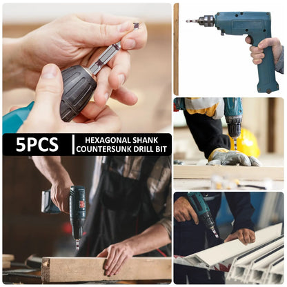 5PCS M35 Cobalt Countersink Drill Bit Set – 82° 5-Flute Hex Shank (1/4") for Metal, Wood & Precision Drilling with Holder