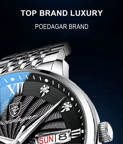 POEDAGAR Luxury Men's Watch — Waterproof Luminous Quartz Wristwatch with Date & Week, Stainless Steel Sports Fashion