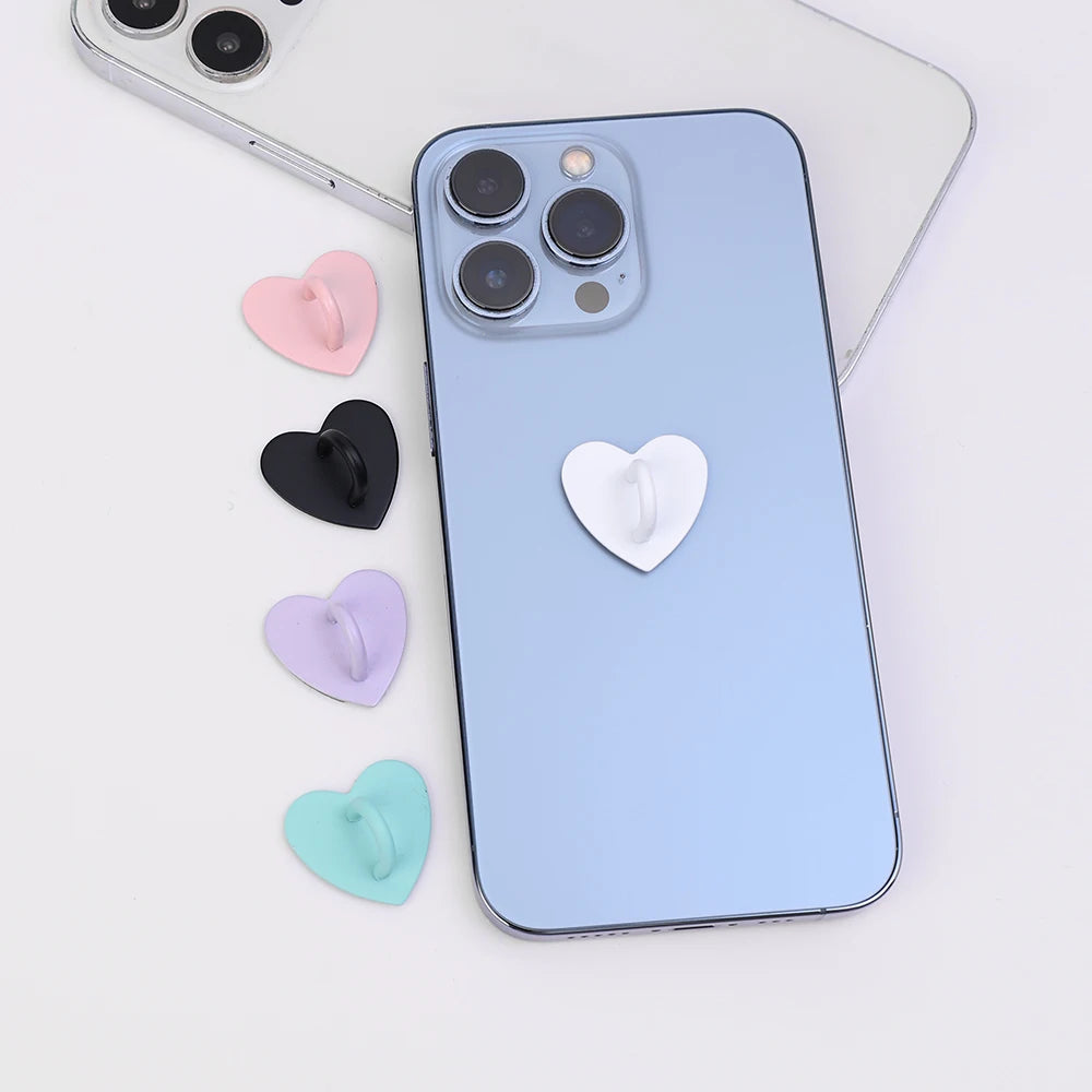 Kawaii Metal Heart Phone Charm — Adhesive Holder, Finger Ring Stand, Case Hook & Buckle Accessory with String