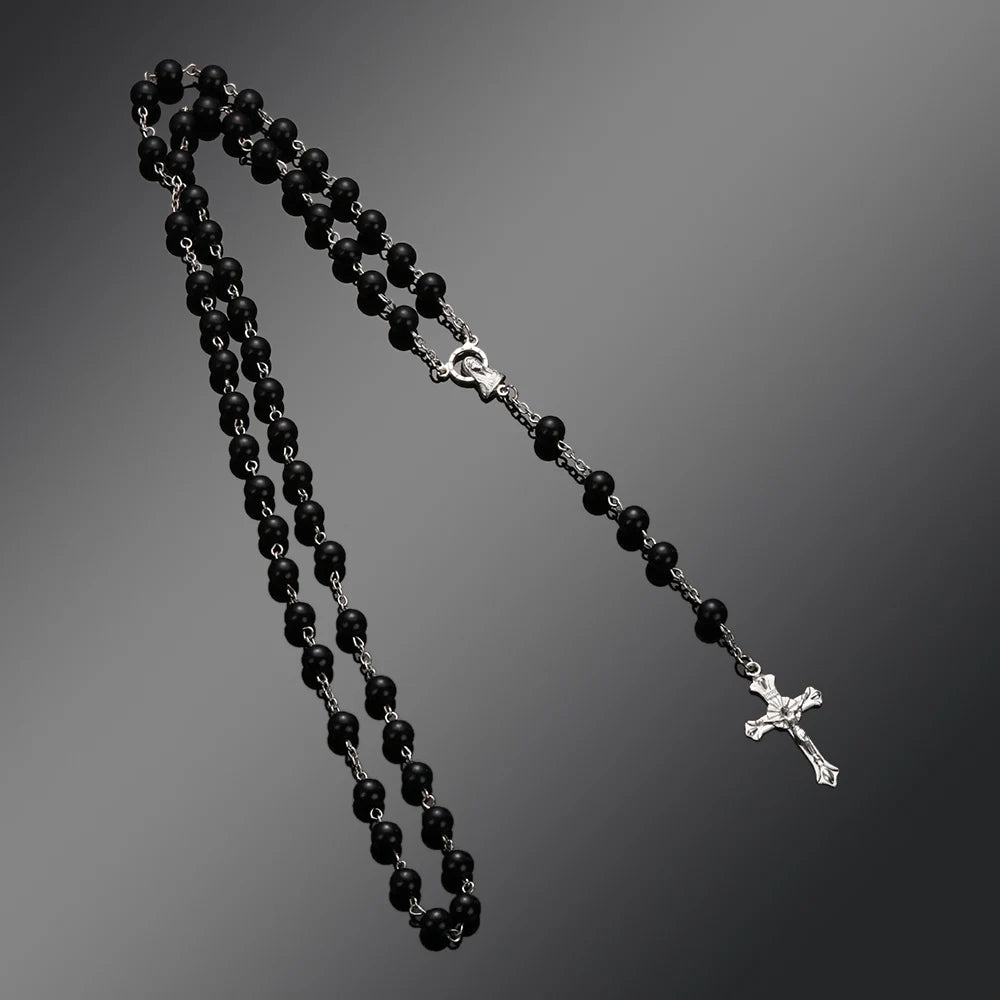 Rosary Beads Cross Necklace – Catholic Virgin Mary Pendant Chain Religious Jewelry Gift for Men & Women Prayer Charm