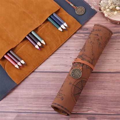 Creative Retro Leather Pencil Case – Large Capacity Roll-Up Bag with Embossed Treasure Map & Buckle Closure